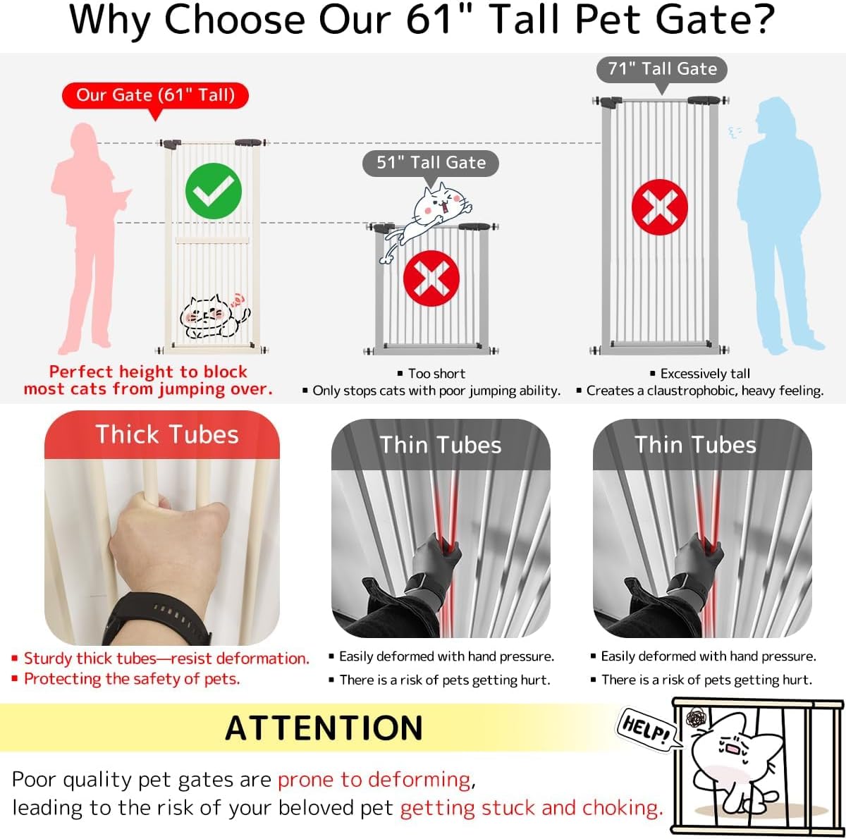 Lumizone Extra Tall Cat Gate 61.02" High Pressure Mounted Extra Wide 30.12"-34.05" (17Sizes) 1.37" Gap No Drilling Auto-Close Tall Pet Gate for Dogs (Black, 30.12"-34.05" W)