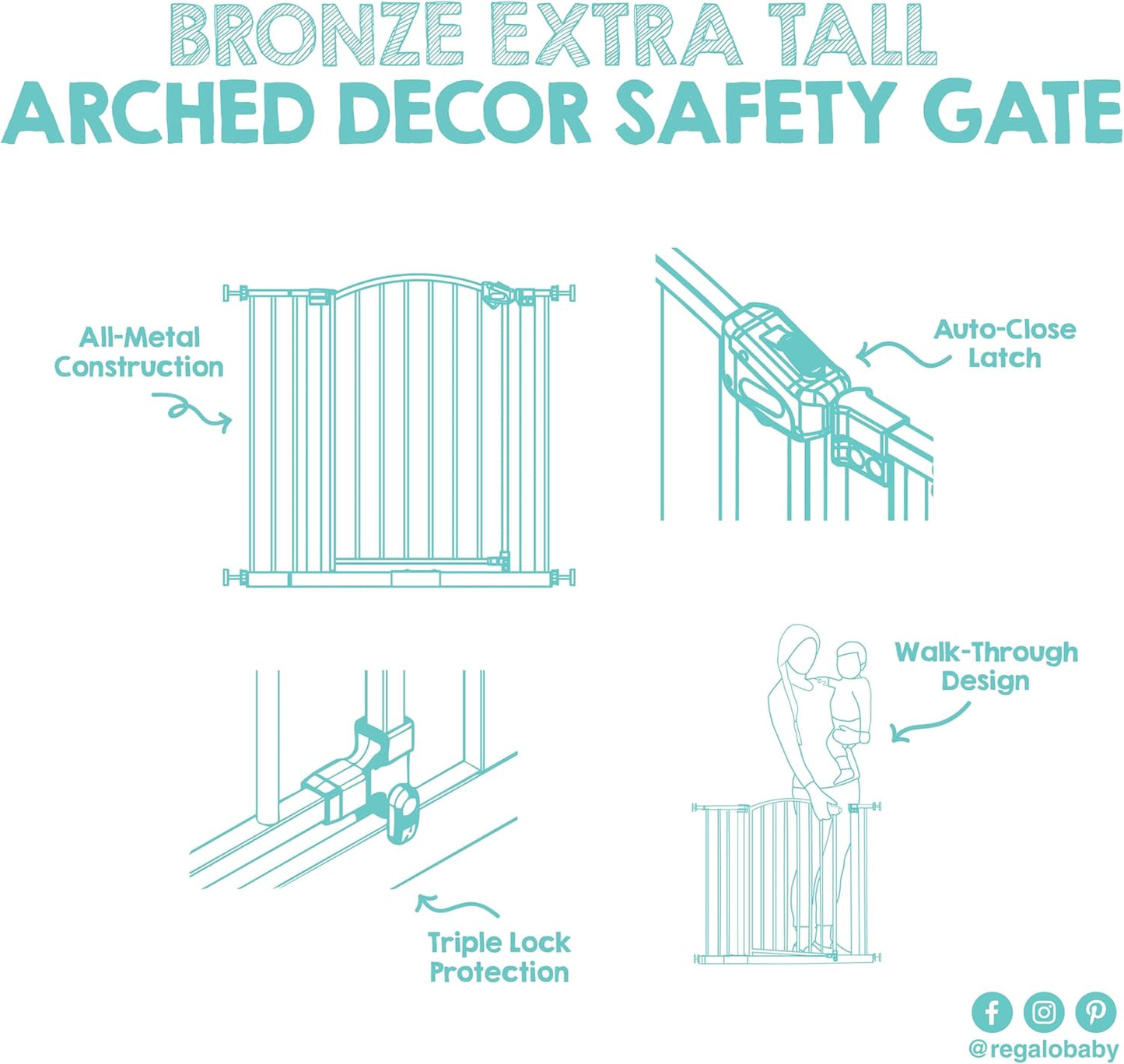 Regalo Safety 30.5-58" Extra Wide Arch Baby Gate with Door, Pressure Mount Walk Through Gate for Doorways & Bottom of Stairs, Babies, Toddlers & Pets, Tested & Safe, American Designed, American Owned