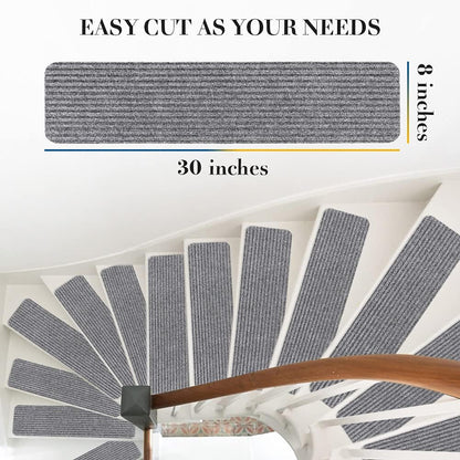 RIOLAND Stair Treads Carpet Non-Slip Indoor Stair Runners for Wooden Steps, Stair Rugs for Kids and Dogs, Set of 15, 8" X 30", Gray