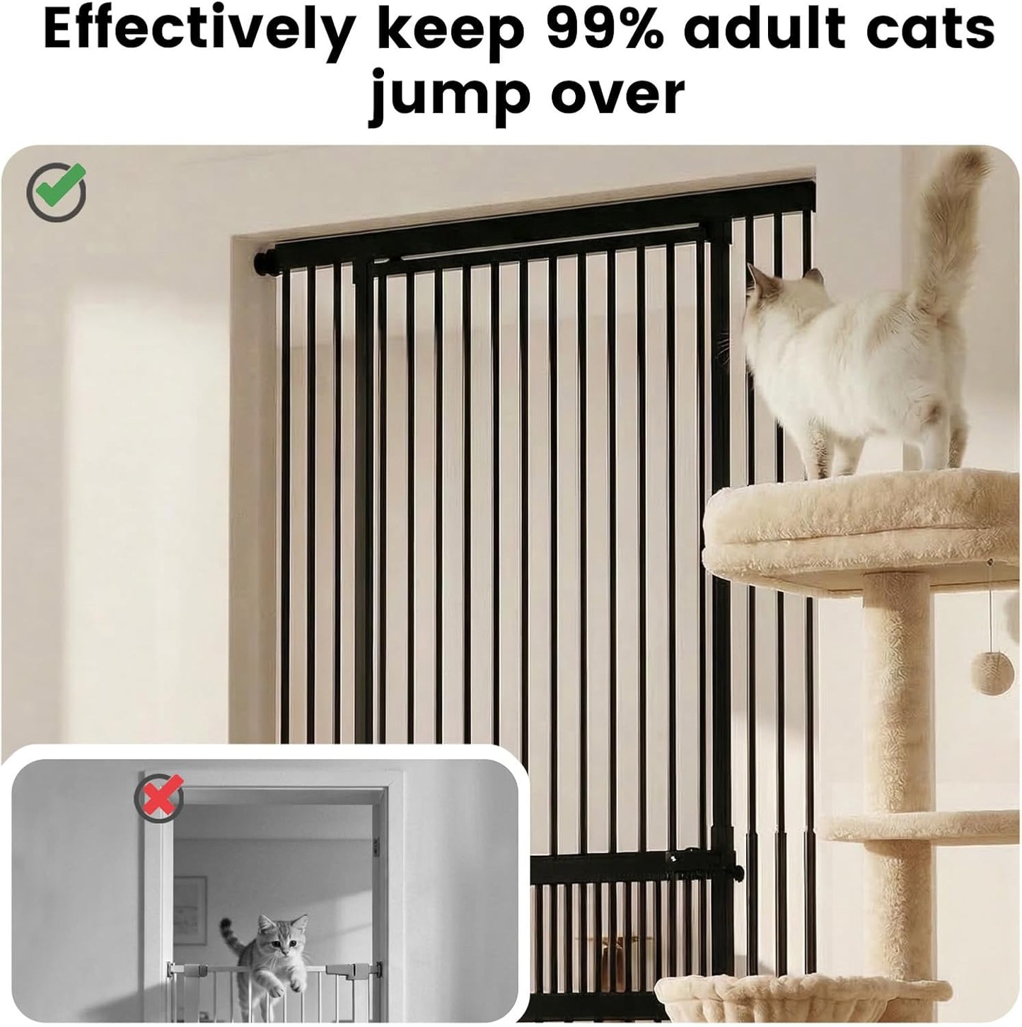 Gardner Pet Extra Tall Cat Gate 49"-86" Adjustable Height, Tall Pet Gate for Doorways/Hallways with 27.5"-37" Adjustable Width Baby Gate with 4 Extensions Kits, No Drilling Pressured Mounted (Black)
