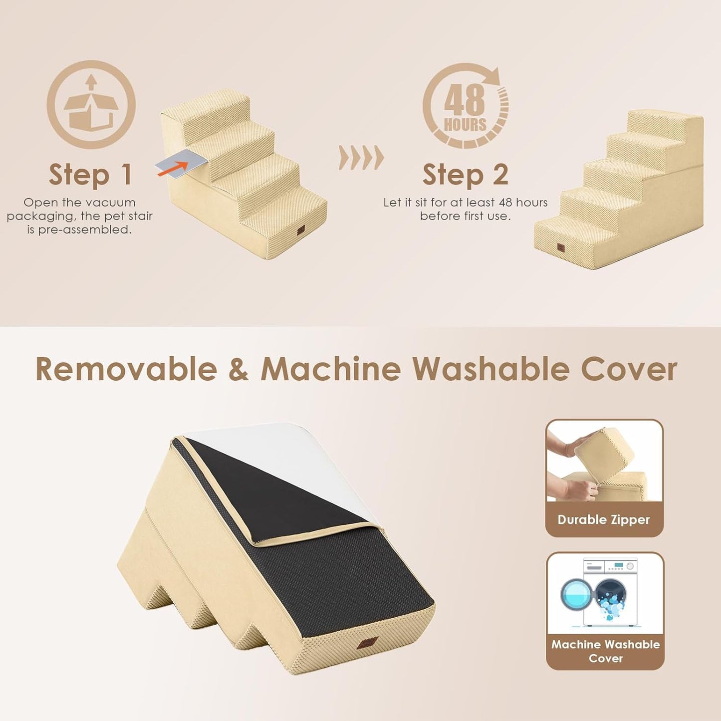 EHEYCIGA Dog Stairs for High Bed 22.5" H, 5-Step Dog Steps for Bed, Pet Steps for Small Dogs and Cats, Non-Slip Balanced Pet Ramp Indoor, Grey