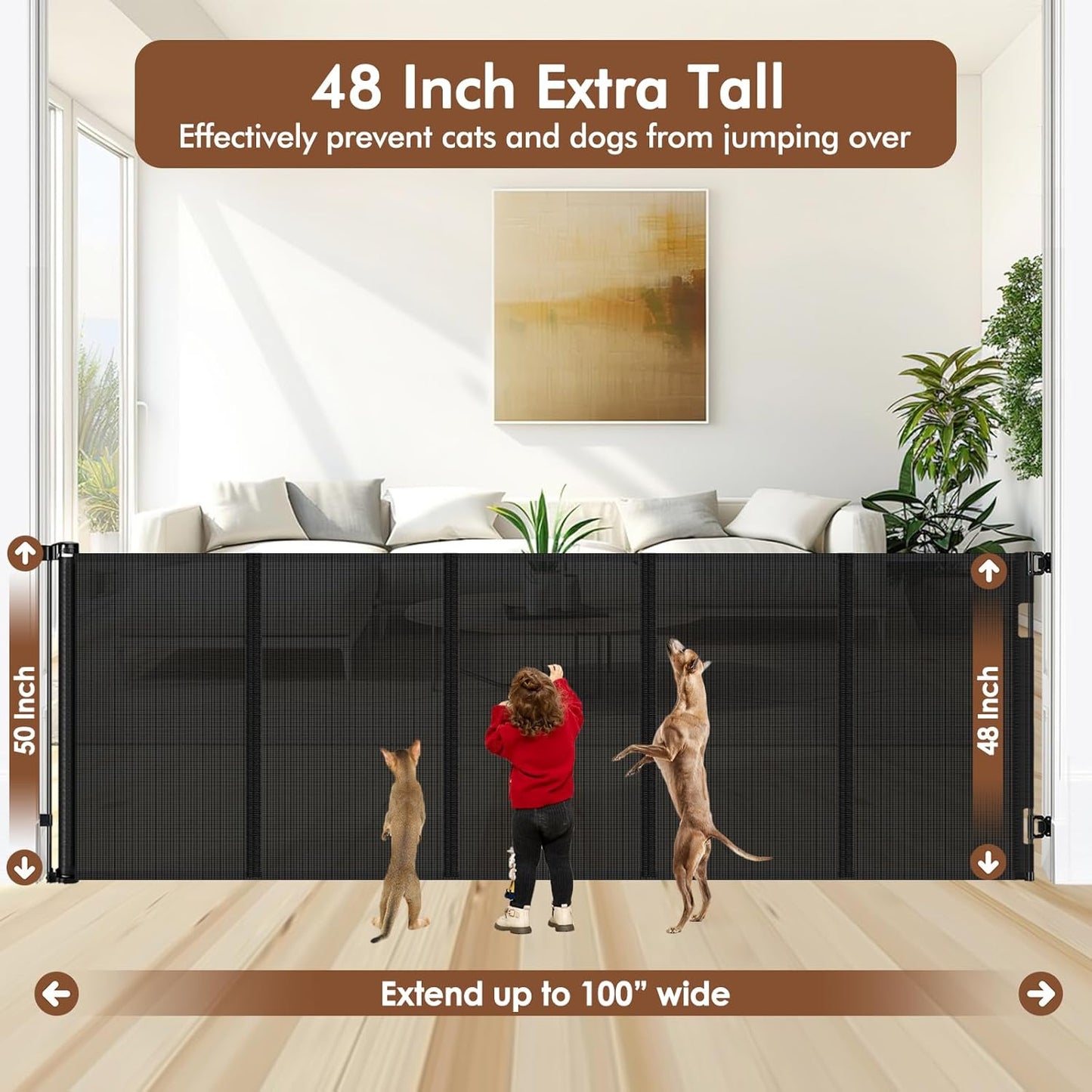 Reinforced 48" Extra Tall Pet Gate with Support Rods, 4 Ft Tall Retractable Baby Gates for Doorways 55" Wide Mesh Dog Gate Indoor Outdoor - Prevent Baby/Pet from Jumping Over, Black