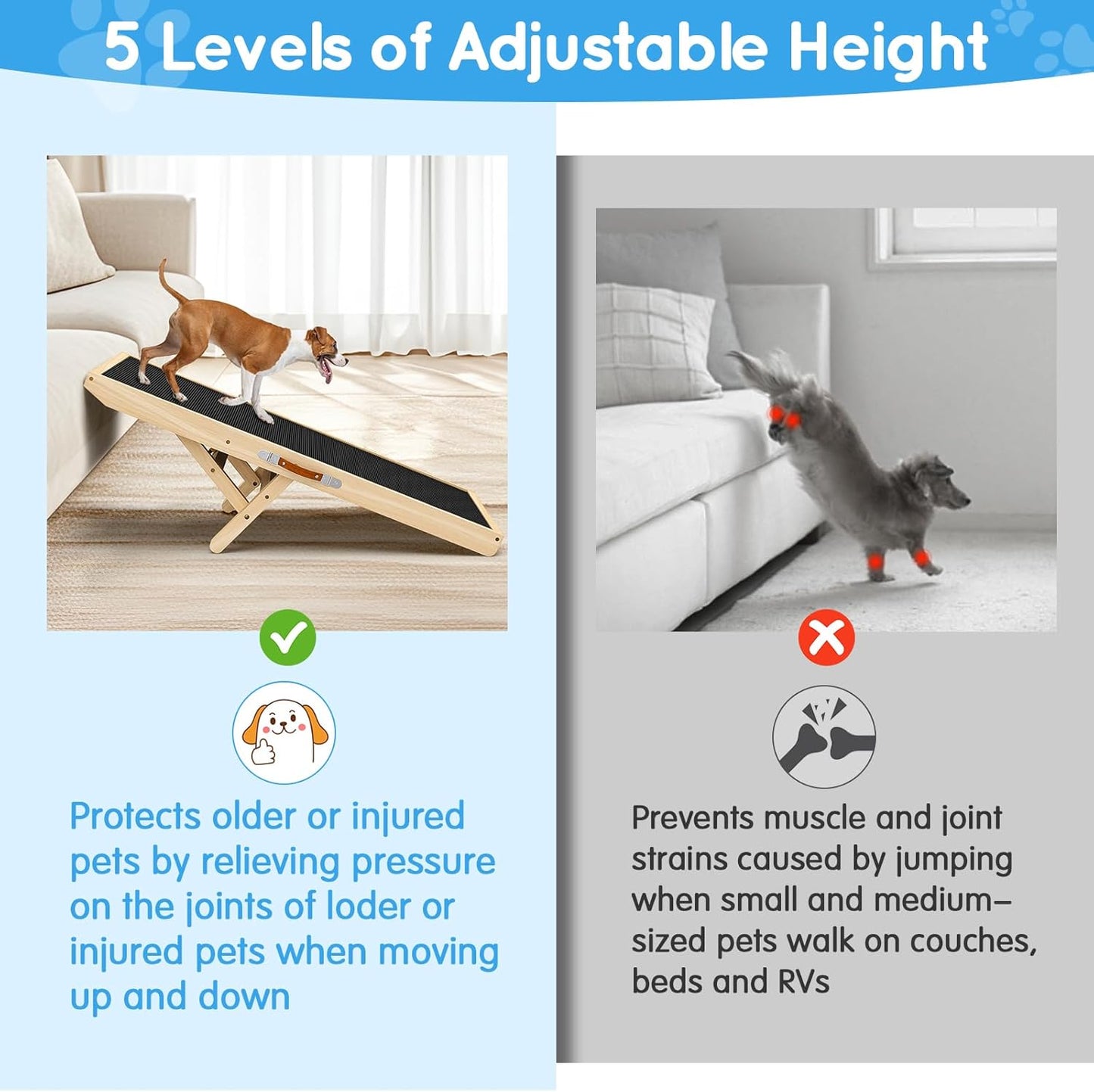 Dog Ramp for Couch with Non-Slip Silicone Mat, 39" Wooden Pet Ramps for Small Dogs, Hold up to 100lb, Adjustable Height from 11.41" to 20.47", Portable Stable Pet Step for Sofa Stairs