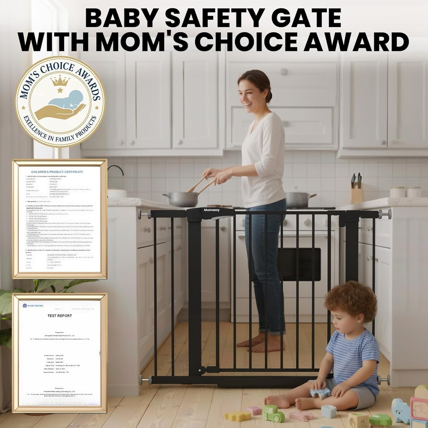Baby Gate for Stairs, 29.7-40.6" Auto Close Dog Gate Indoor for Doorways, Dual-Lock Design, Adjustable Pet Gate No Drilling with Walk Thru Door for Hallways, Stroller Friendly, Black