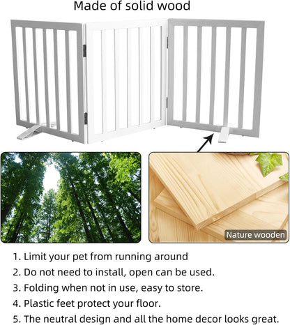 ZJSF Freestanding Indoor Dog Gate for House Foldable Wood Puppy Gate for Doorways Pet Gate for Stairs Extra Wide Pet Fence, Brown, 24" Height 3 Panels