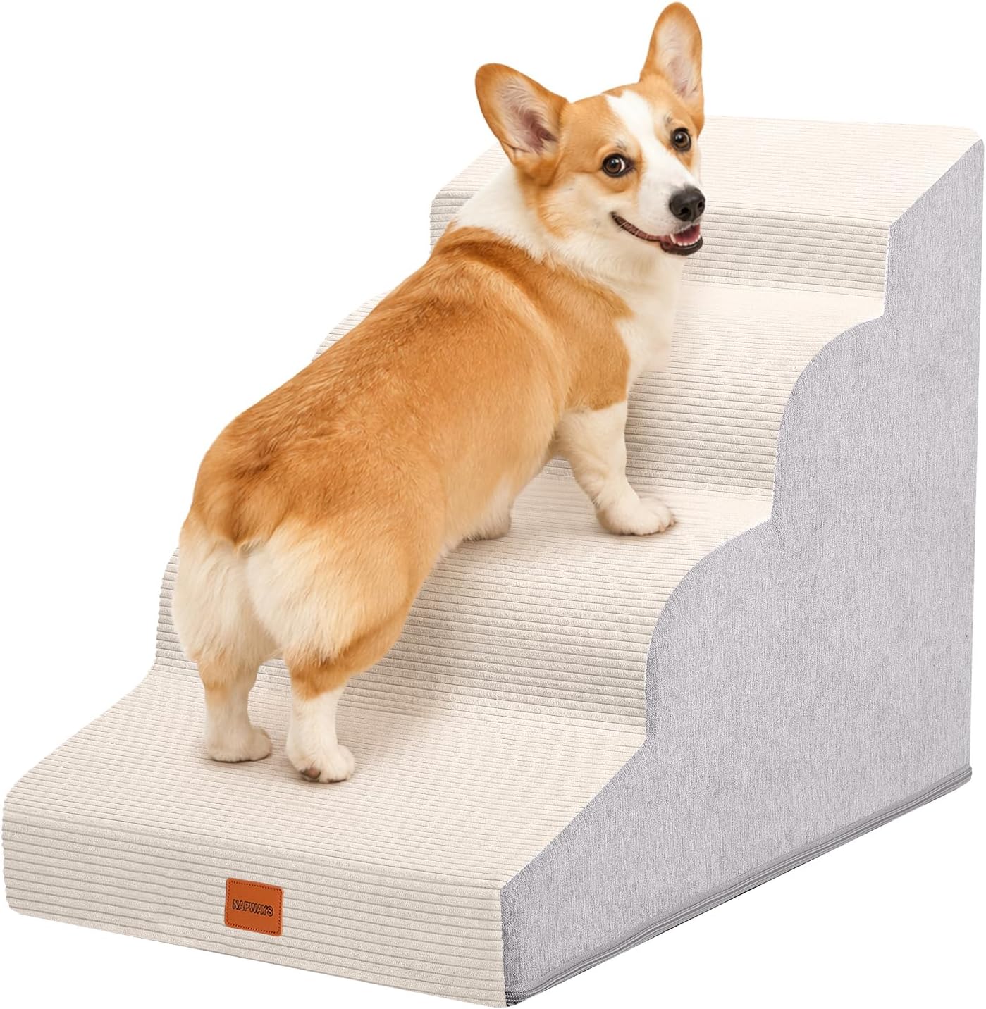 Dog Stairs for Small Dogs and Cats, 15.7" H, 3-Step Curved Pet Ramp for Couch Sofa and Chair, Non-Slip Medium Pet Steps with High Density Foam, Beige