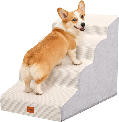 Dog Stairs for Small Dogs and Cats, 15.7" H, 3-Step Curved Pet Ramp for Couch Sofa and Chair, Non-Slip Medium Pet Steps with High Density Foam, Beige