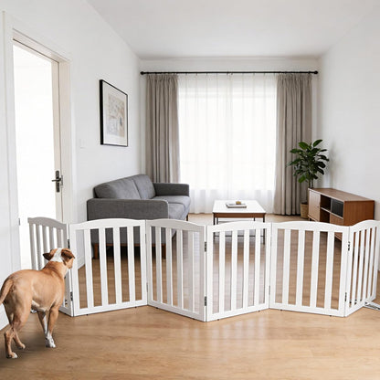 Freestanding Dog Gate Indoor,Doggie Gate Foldable Dog Gates for Doorways,Stairs or Hallways, Wooden White Pet Gate for the House, Pet Fence with Support Feet Included,24 "Height-4 Panels