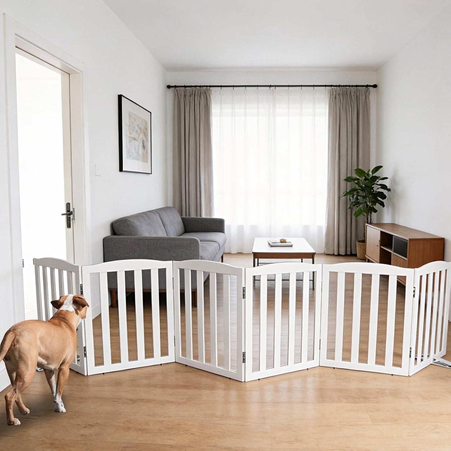 Freestanding Dog Gate Indoor,Doggie Gate Foldable Pet Gates for Doorways,Stairs or Hallways, Wooden Brown Pet Gate for the House, Pet Fence with Support Feet Included,24 "Height-3 Panels