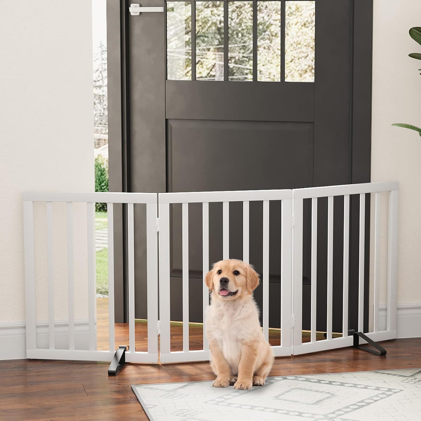 Freestanding Foldable Dog Gate - 4 Panel Room Divider with Metal Support Feet (Black)