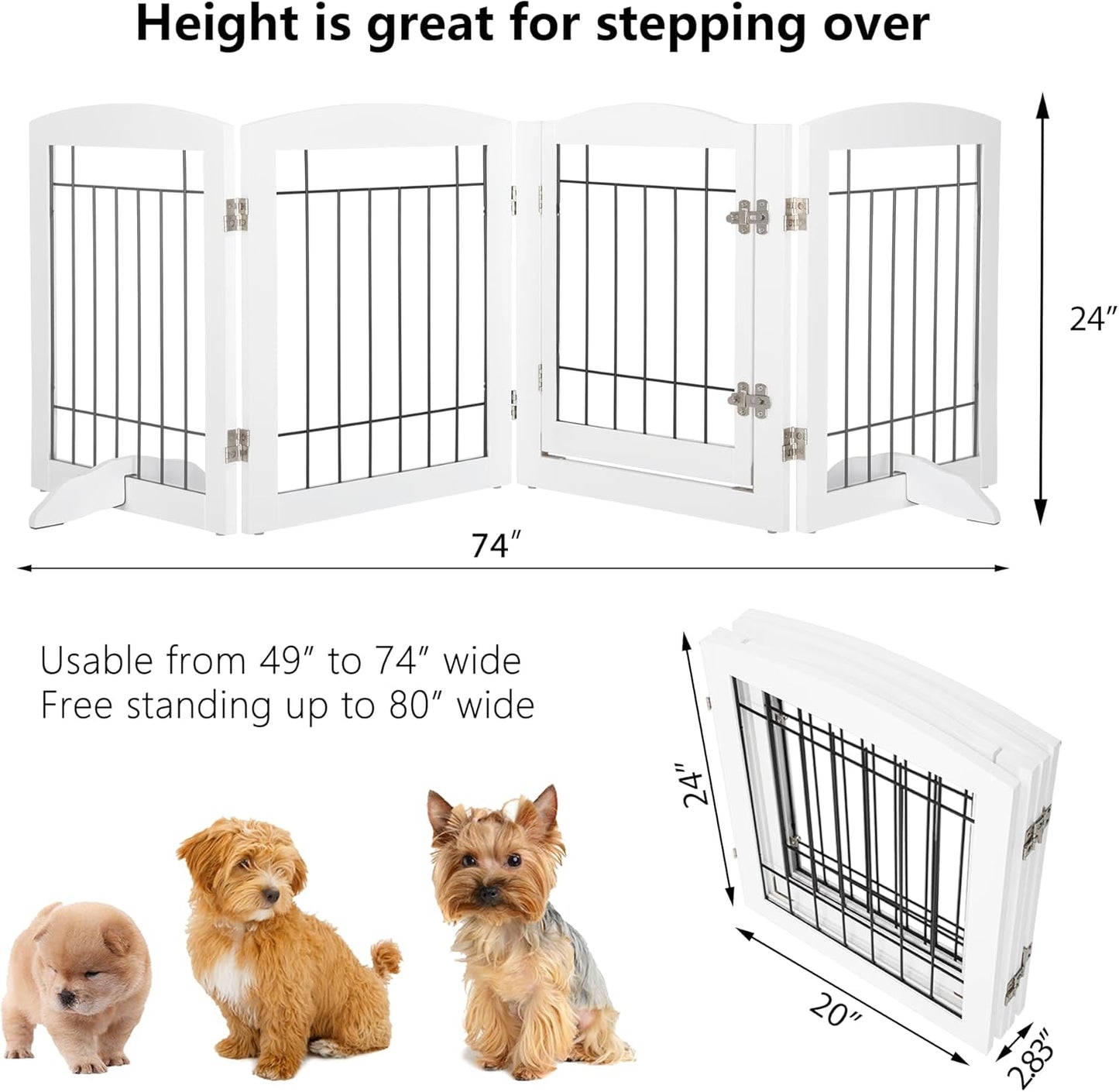 PAWLAND Free Standing Dog Gates for The House Stairs Doorways Indoor Foldable Wooden Small White Puppy Pet Gate Step Over Fence 60" W 24" H 3 Panels