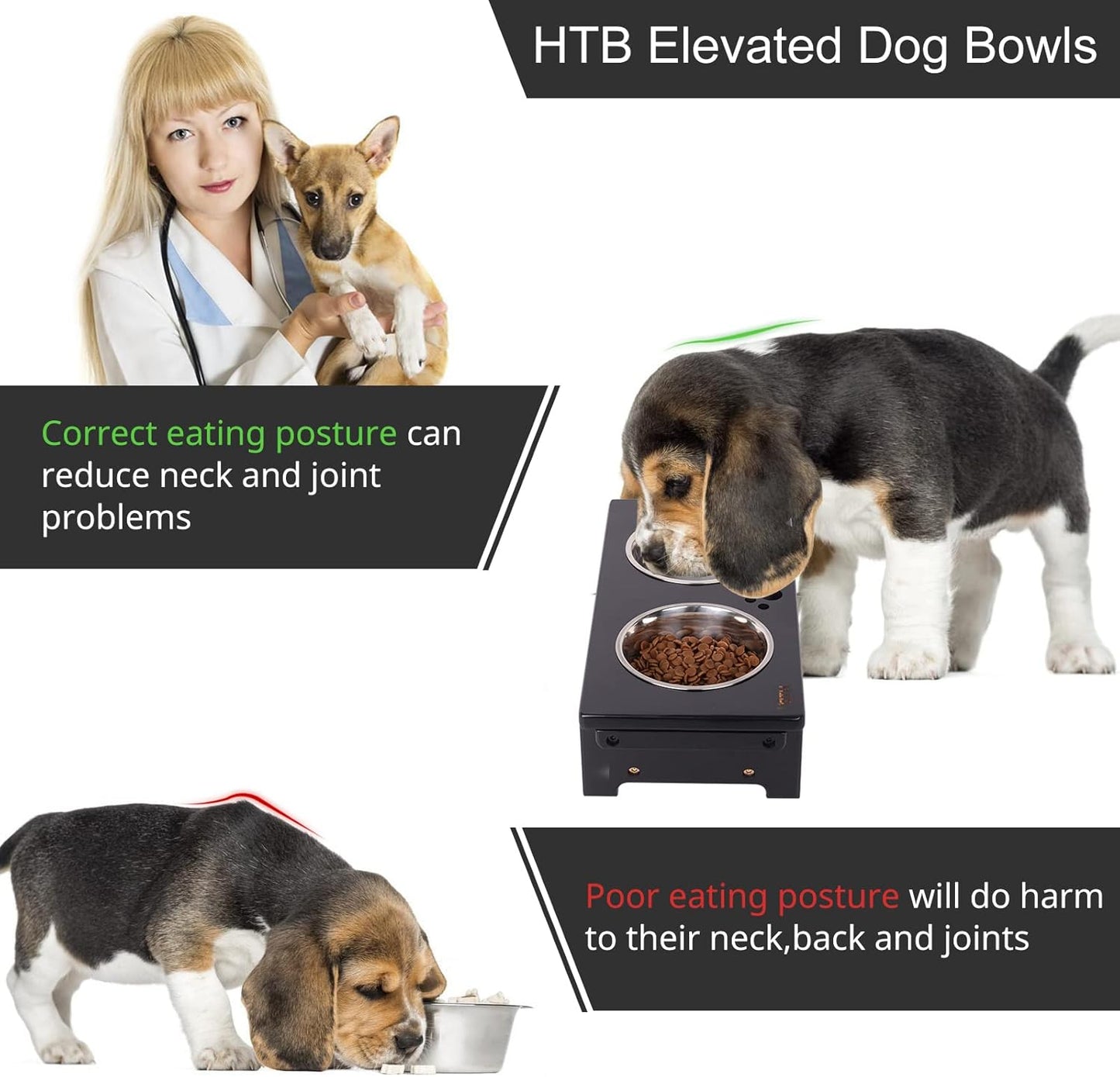 HTB Elevated Dog Bowls,Raised Dog Bowl Stand with 2 Stainless Steel Bowls,Elevated Raised Dog Bowls for Large Medium Small Sized Dogs