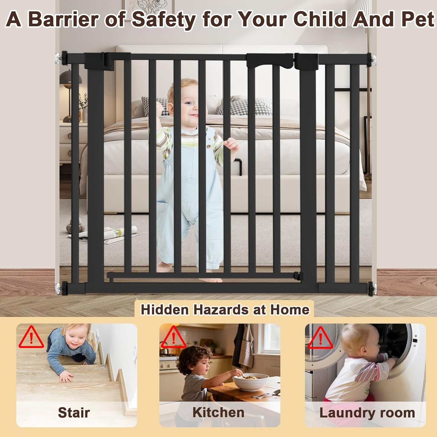 30"-62.5" Extra Wide Baby Gate for Doorways/Hallways,Pressure-Mounted Dog Gate Indoor for Stairs, Auto Close Pet Door for Child/pet Proof Safety, No Need Drilling, White