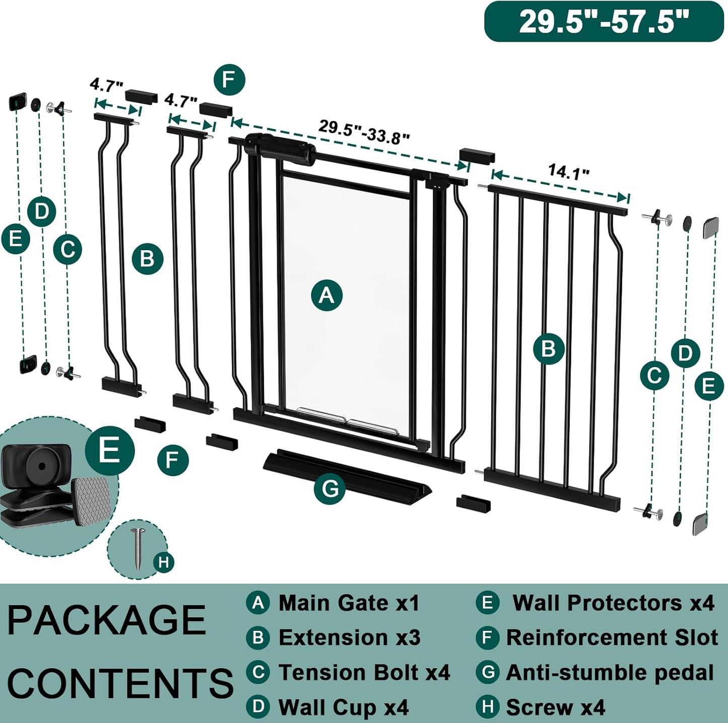 Fairy Baby Triple Lock Clear Baby Gate for Doorways, 57.6”-66.8” Extra Wide Acrylic Dog Gate for Stairs, Safety Child Gate Pressure Mounted No Drill, Auto Close Clear Pet Gate One-Hand Opening, Black