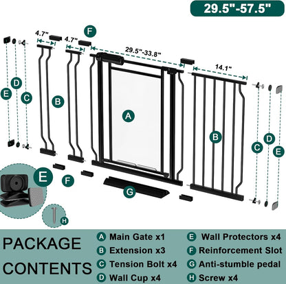 Fairy Baby Triple Lock Clear Baby Gate for Doorways, 57.6”-66.8” Extra Wide Acrylic Dog Gate for Stairs, Safety Child Gate Pressure Mounted No Drill, Auto Close Clear Pet Gate One-Hand Opening, Black