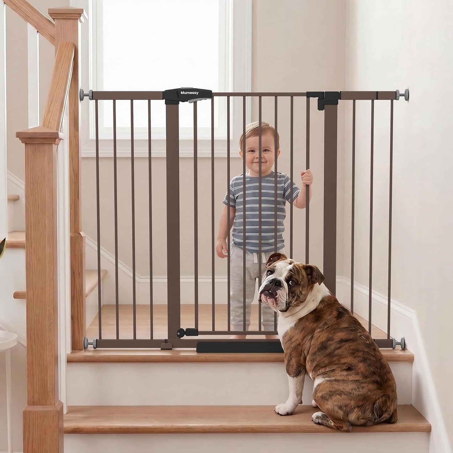 Mumeasy Baby Gate Extra Wide, 29.7-51'' Pressure Mounted Dog Gate with Walk Thru Door, Auto Close Pet Gate for House, Stairs, Doorways,Black