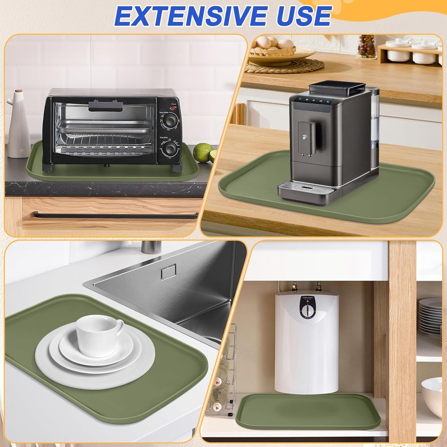 Small Silicone Pet Food Mat with Raised Edge for Food and Water Bowl, Square Dog Feeding Mats, Cat Food Trays for Floor Waterproof, Rubber Tray for Dogs and Cats, 12 x 12 x 0.7 Light Olive Green