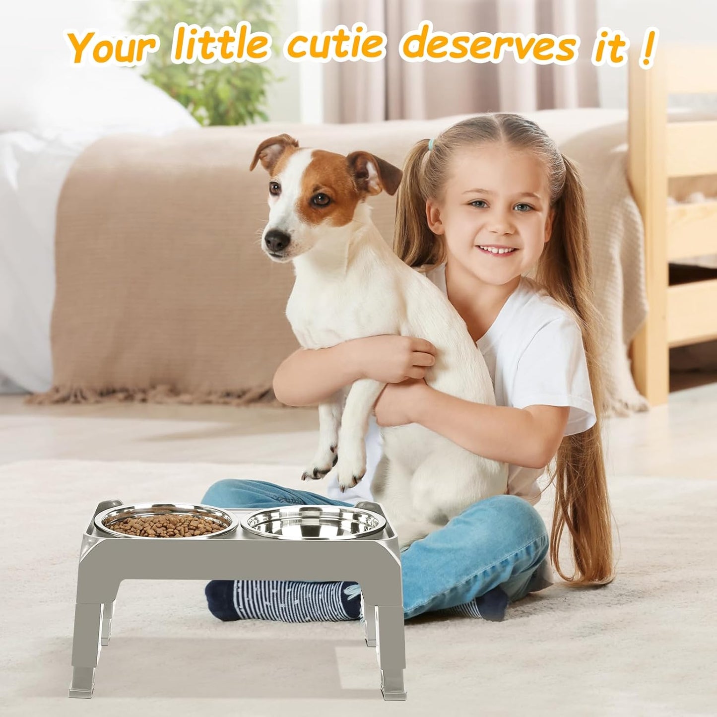 Elevated Raised Dog Bowl Stand with 2 Stainless Steel Bowls, Adjustable Height for Medium Large Dogs, 12.36" - 3.7" Foldable Feeder, Grey