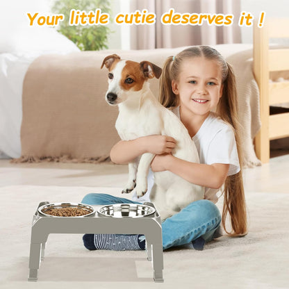Elevated Raised Dog Bowl Stand with 2 Stainless Steel Bowls, Adjustable Height for Medium Large Dogs, 12.36" - 3.7" Foldable Feeder, Grey