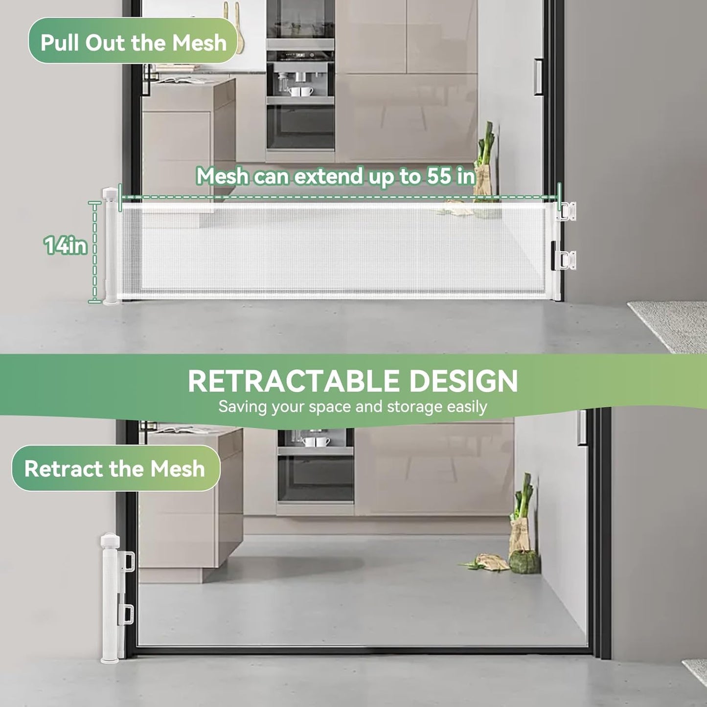 Short Dog Gate, 14" H Retractable Dog Gates, Mesh Retractable Step Over Pet Gates Puppy Gate, Extended up to 55" Wide for Stairs & Doorways Hallways - Drilling Required (Grey)