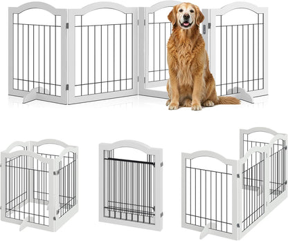 Vantas Espresso Wooden Folding Dog Gate 144" Wide x 30" Tall with Door, Freestanding Pet Gate, Pet Puppy Safety Fence