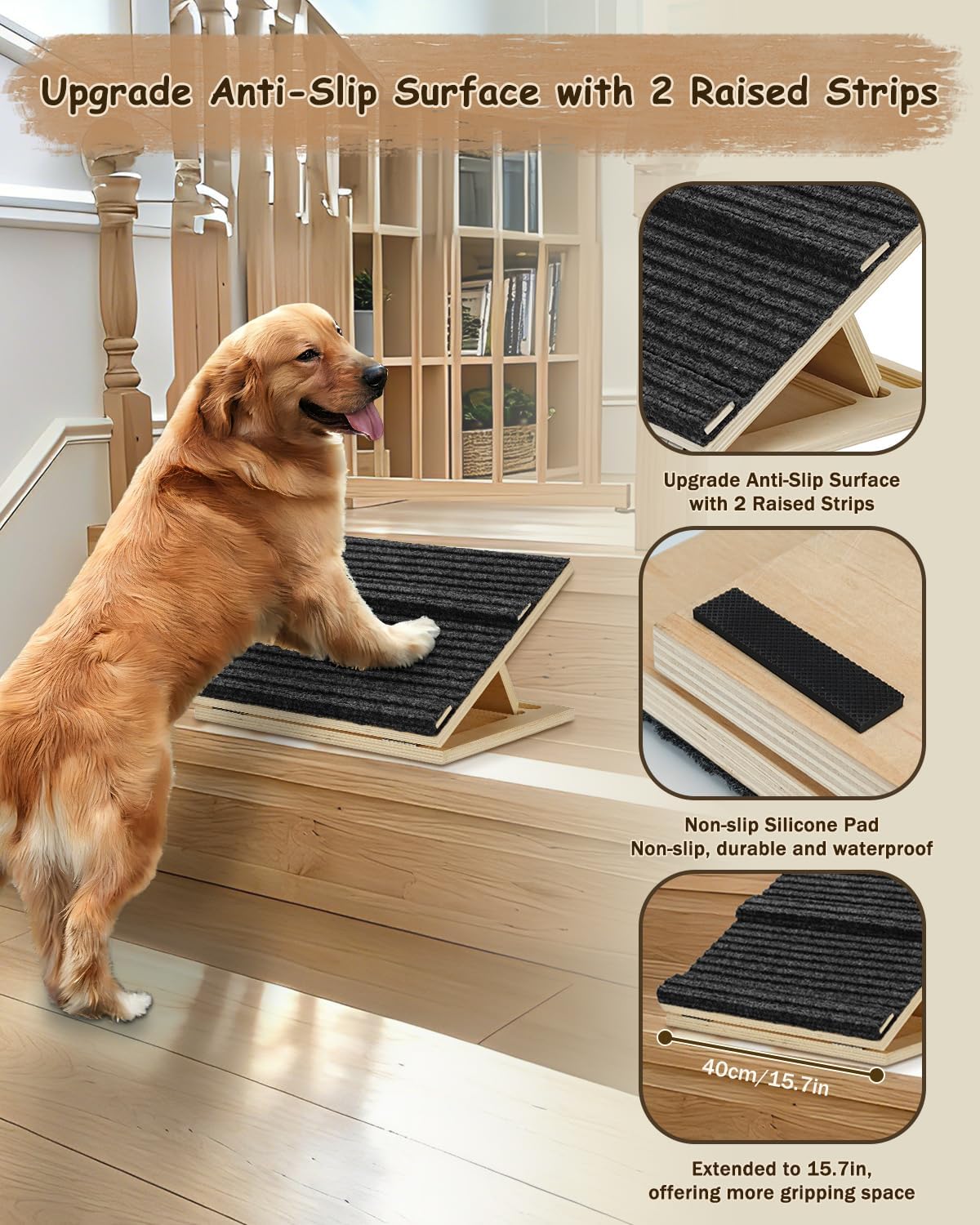 Foldable Wooden Dog Ramp for Stairs, Upgraded Non-Slip Dog ramps, 2 Packs for Small or Medium Dogs and Cats， Step and Stair for Injured and Elderly Pets（No Installation Required）