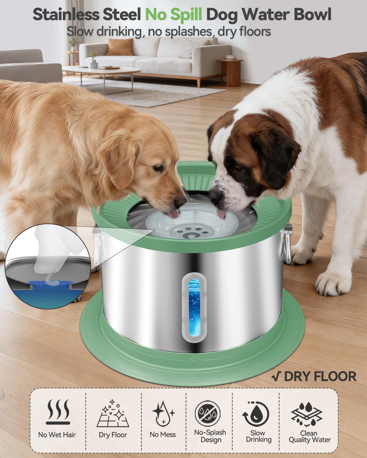 UPSKY 14L No Spill Dog Water Bowl, Stainless Steel Spill Proof Dog Bowl with Water Window, Dual-Suction Anti-Slip Large Capacity Slow Drinking Bowl with Floating Disk for Large Dogs & Messy Drinkers