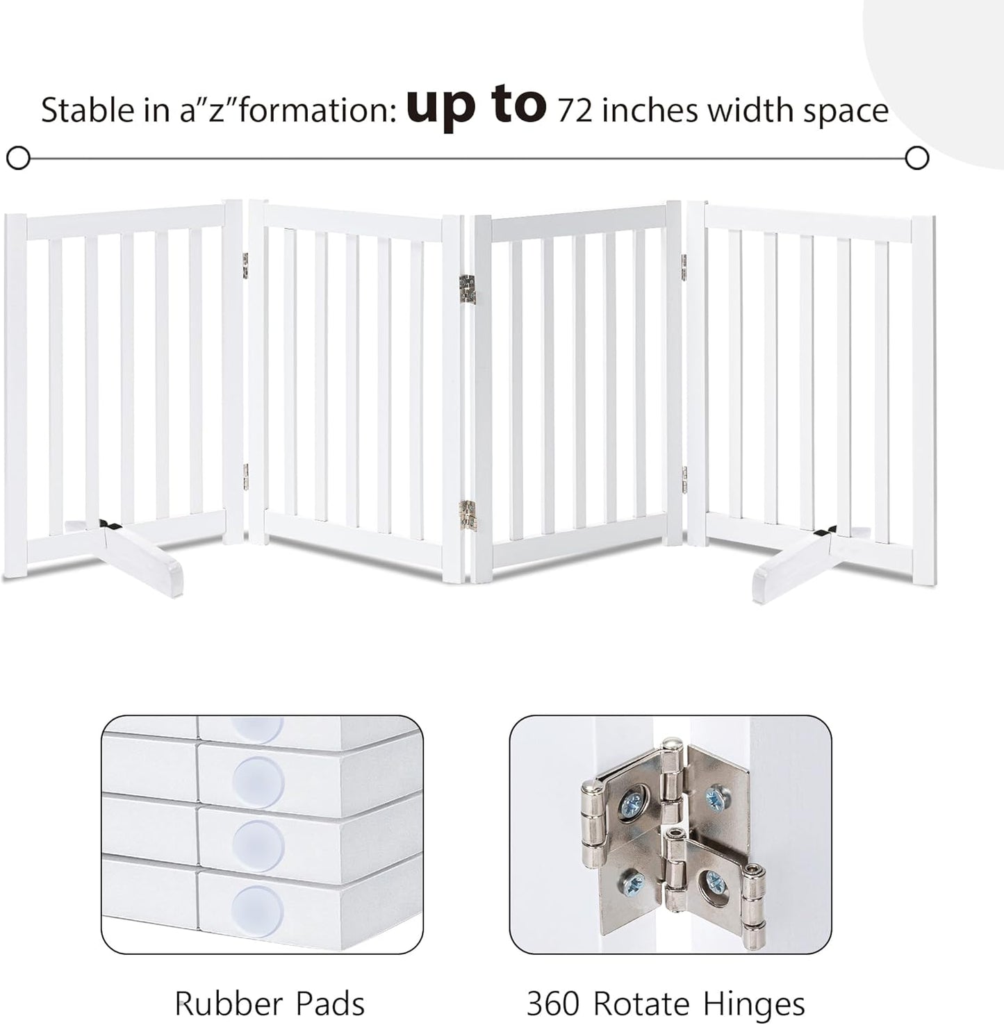 LZRS 2-Panel Wooden Free Standing Foldable Dog Gate Indoor – Solid Hardwood 24" High, Step-Over Safety Pet Gate for Doorways, Stairs & Small Spaces - Indoor Use, White