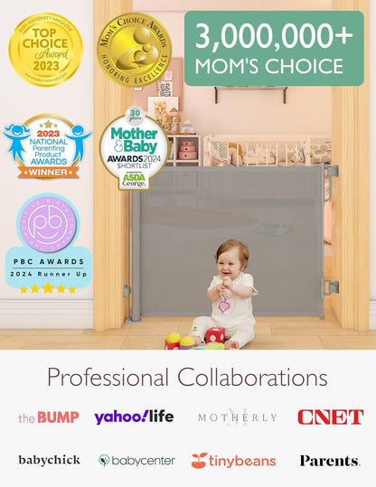 Momcozy Auto Lock Retractable Baby Gate, Safety Gate for Baby and Pet, 33” Tall, Extends to 55” Wide, Mesh Safety Dog Gate for Stairs, Indoor, Outdoor, Doorways, Hallways
