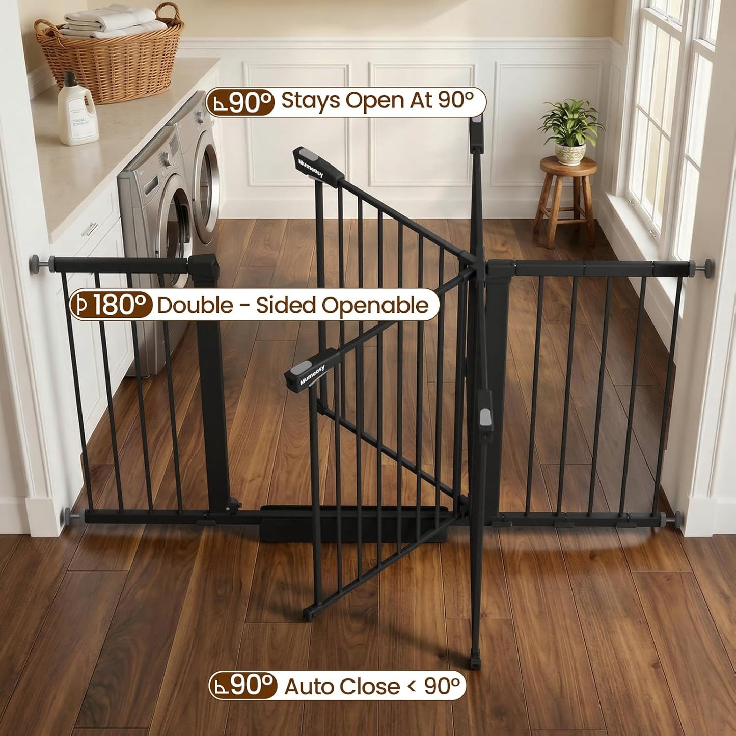 Mumeasy Baby Gate Extra Wide, 29.7-51'' Pressure Mounted Dog Gate with Walk Thru Door, Auto Close Pet Gate for House, Stairs, Doorways,Black