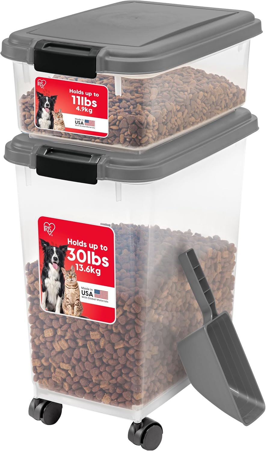 IRIS USA 30 lbs & 11 lbs Combo Airtight Dog Food Storage Container, Stackable Treat Box, 2-Cup Scoop, Wheels, Keep Fresh, Easy Mobility, Chrome