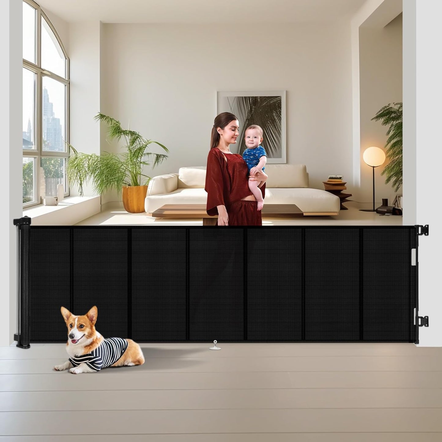 Miumoon 120 inch Retractable Baby Gates 34 inch Tall, Retractable Gate with Reinforced Strip Design to Prevent Crawling Through, 10 FT Extra Wide Retractable Dog Gate for Indoor/Outdoor