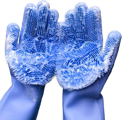 Silicone Dishwashing Gloves with Scrubber Bristles, Food-Grade Cleaning Mitts for Kitchen Dishes, Pet Grooming & Car Wash