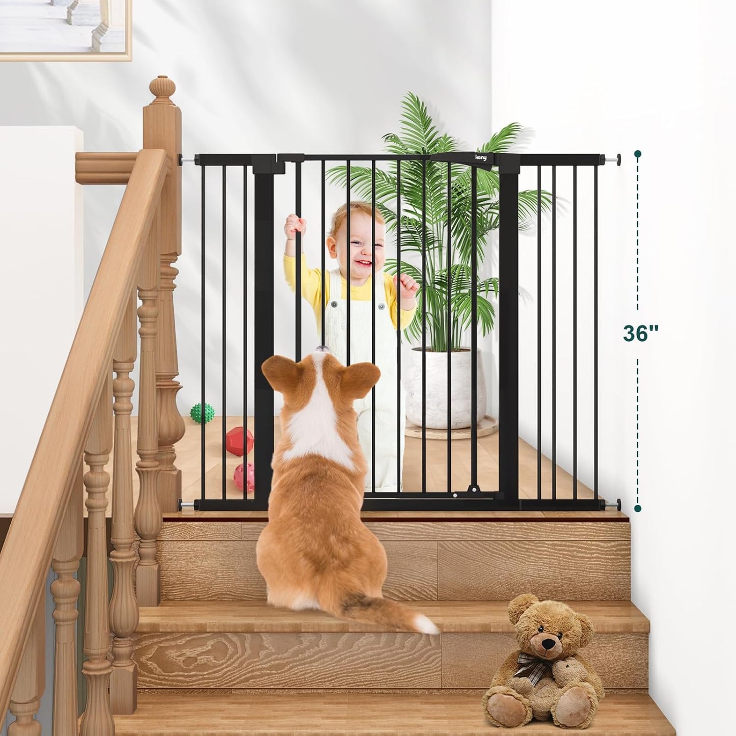 keny 29.7"-46" Baby Gate for Stairs, Auto Close Dog Gates for Doorways, Pressured Mounted No Drilling Pet Gate Extra Wide, One-Hand Opening Dual Lock Stair Gate, Indoor Kids Necessities, Black