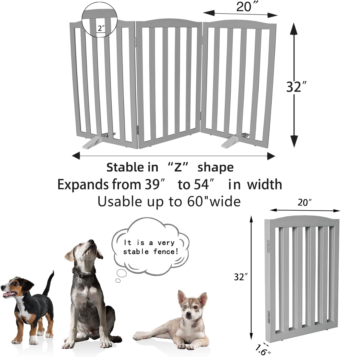 Freestanding Dog Gate Indoor,Doggie Gate Foldable Dog Gates for Doorways,Stairs or Hallways, Wooden White Pet Gate for the House, Pet Fence with Support Feet Included,24 "Height-4 Panels
