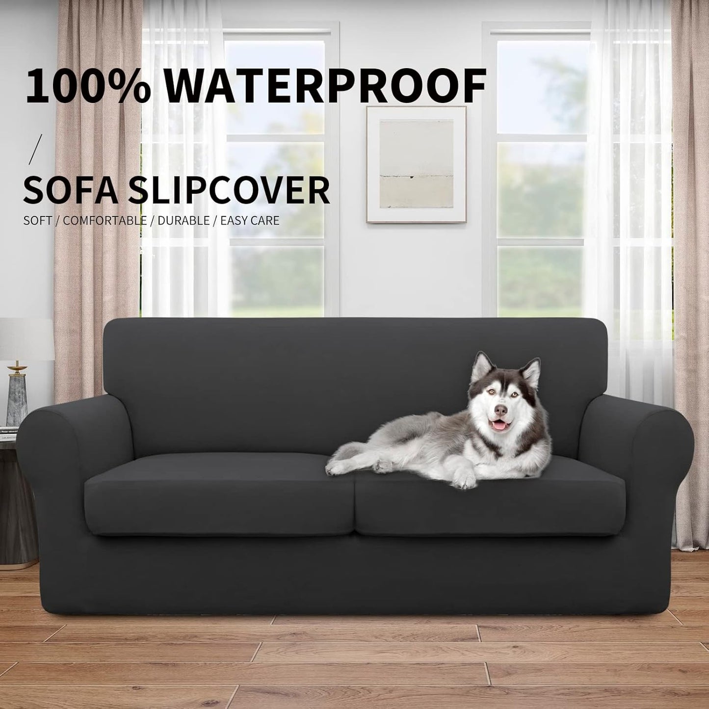 Easy-Going 100% Dual Waterproof 4 Pieces Stretch Soft Couch Cover for Dogs, Sofa Slipcover for 3 Separate Cushion Couch Leakproof Furniture Protector for Kids, Pets Dark Gray