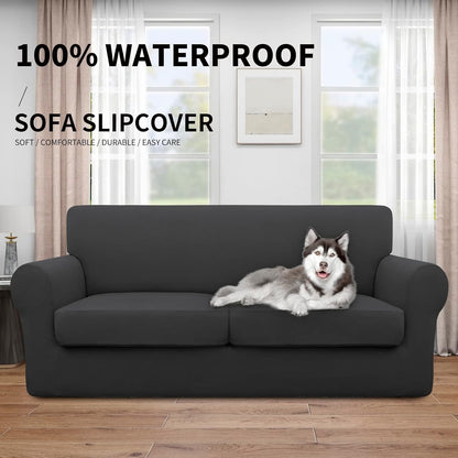 Easy-Going 100% Dual Waterproof 4 Pieces Stretch Soft Couch Cover for Dogs, Sofa Slipcover for 3 Separate Cushion Couch Leakproof Furniture Protector for Kids, Pets Dark Gray