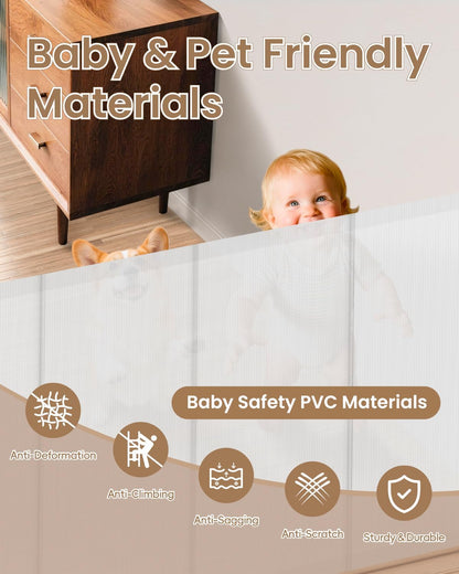 Retractable Baby Gate, 55" Wide Mesh Gate with 4 Reinforced Rods, Prevents Kids & Dogs from Crawling Under, 34" Tall Easy-to-Use Pet Gate for Stairs, Bedrooms, Hallways, Indoor/Outdoor, White