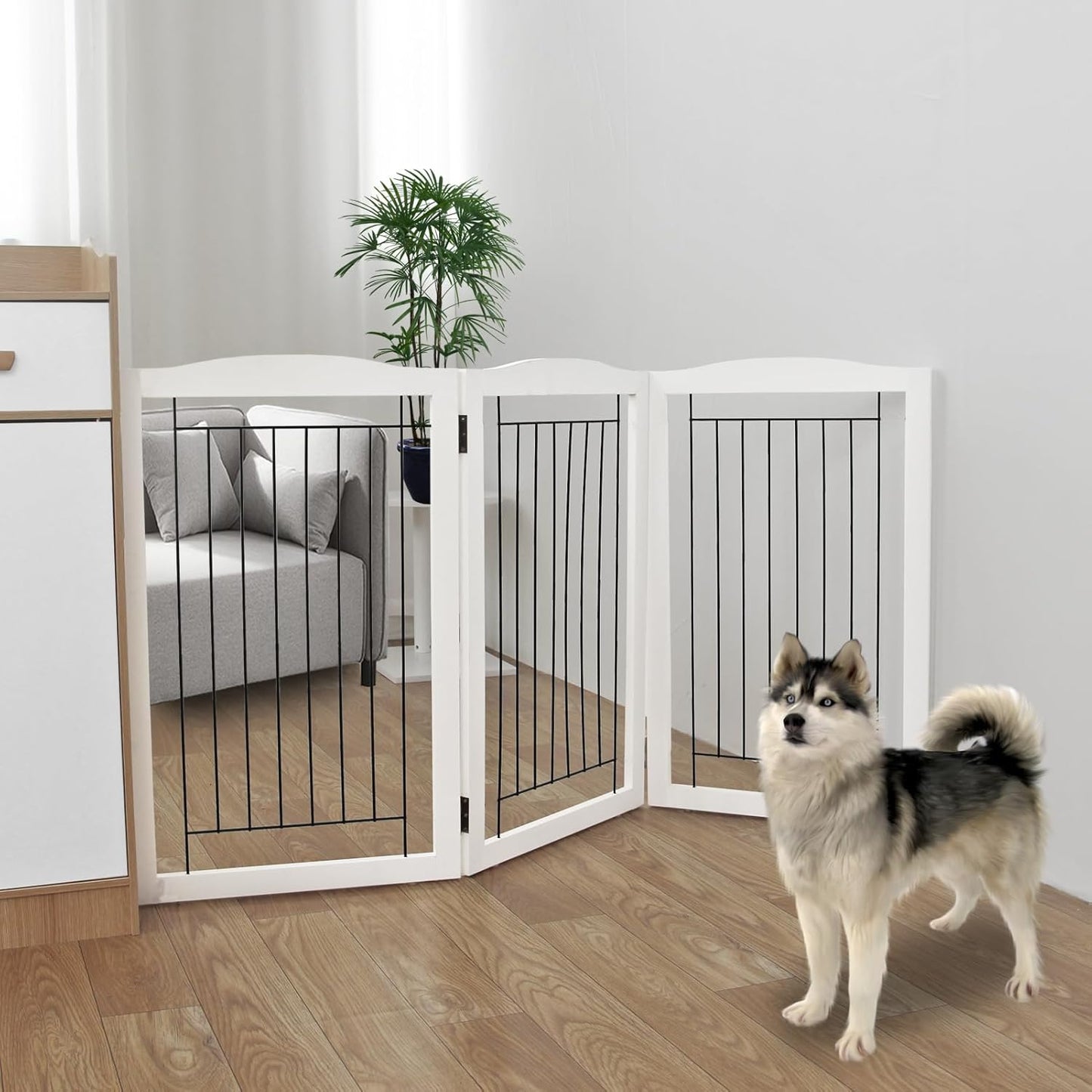 ZJSF Freestanding Foldable Dog Gate for House Extra Wide Wooden White Indoor Puppy Gate Stairs Doorways Pet Gate Tall Dog Fence 3 Panels Fence