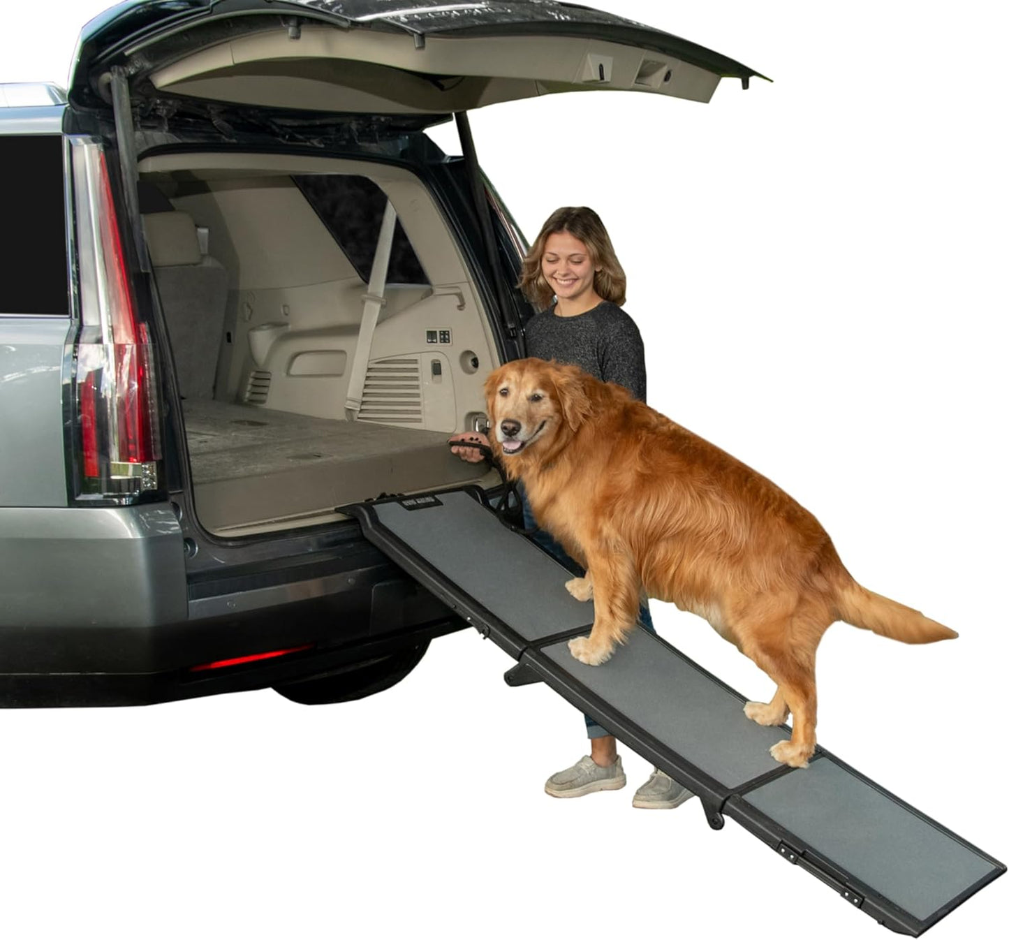 Pet Gear Tri-Fold Portable Pet Ramp for Dogs and Cats, 71" Long, Extra Wide, Holds up to 200lbs, Patented Design, Compact/Easy Fold with Safety Tether, Titanium