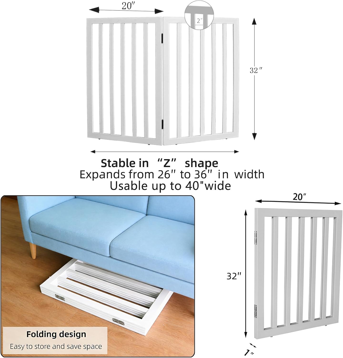 Dog Gate Indoor, Freestanding Dog Fence for The House, Doorways, Hallways,or Stairs,Pet Gate Foldable Wooden,Expandable 24" Height 3 Panels,White