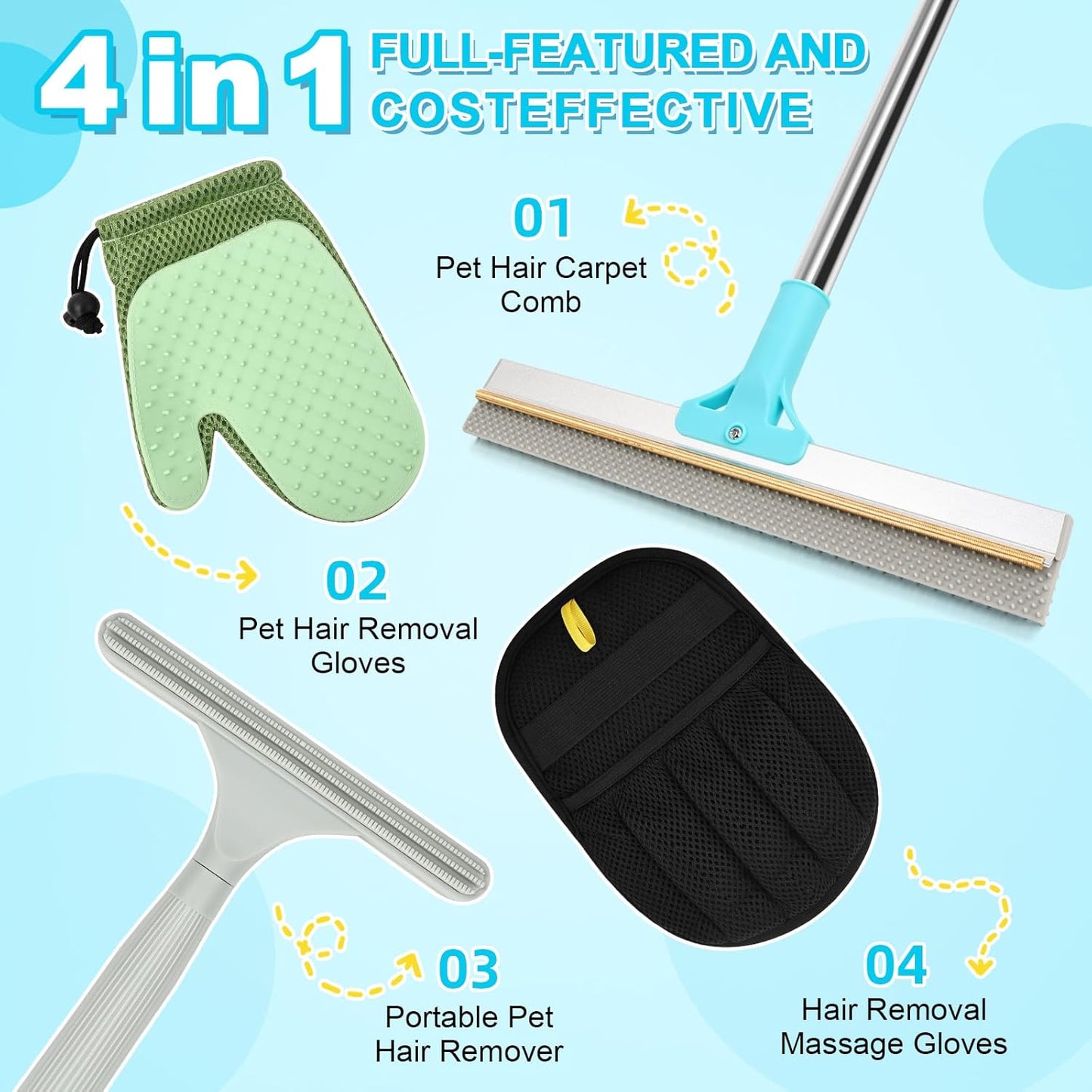 4 in 1 Carpet Rake for Pet Hair Removal - Reusable Pet Hair Removal Glove for Dog Cat Fur Remover, Contain 23-54" Rubber Broom, Silicone Comb Gloves, Magic Brush and Small Scraper for Sofa, Rugs, Mats