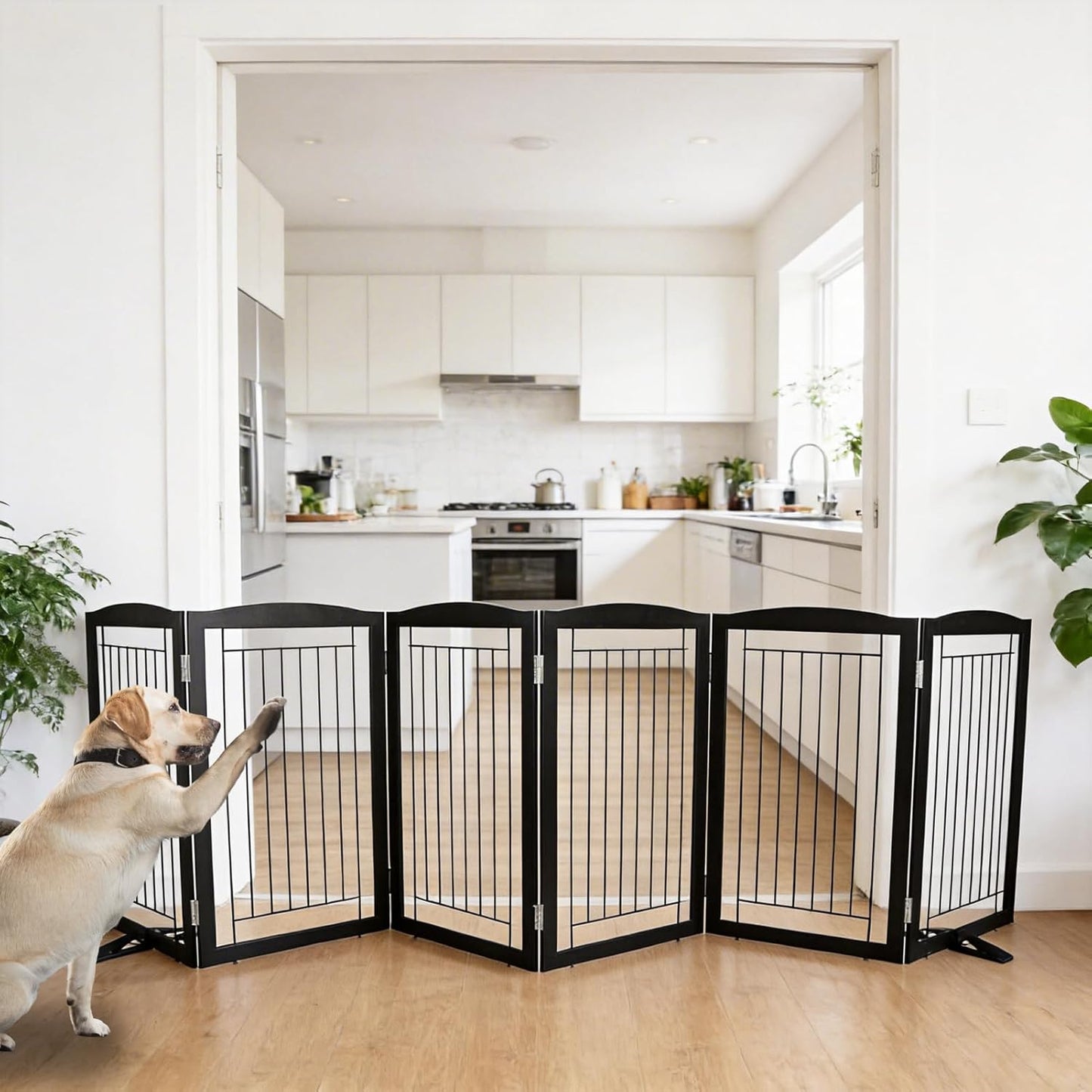 ZJSF Freestanding Dog Fence Indoor, Foldable Dog Gate for Doorways, Stairs or Hallways, Sturdy Wood Extra Wide Pet Gate with Support Feet for The House, White, 24 "Height-3 Panels