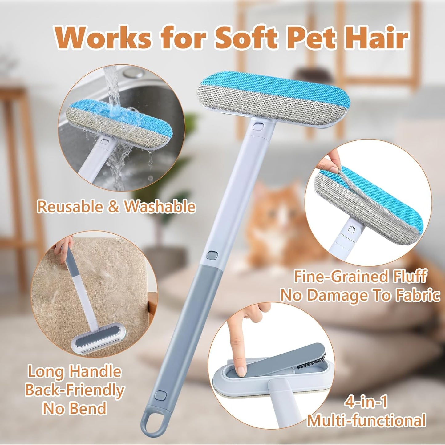 Tiiyee Pet Hair Remover for Furniture, 17in Dog and Cat Hair Removal Brush 4 in 1 Reusable Washable Lint Cleaner with Long Handle Cleaning for Couch, Carpet, Clothes & Bedding Car Seats Window Tile