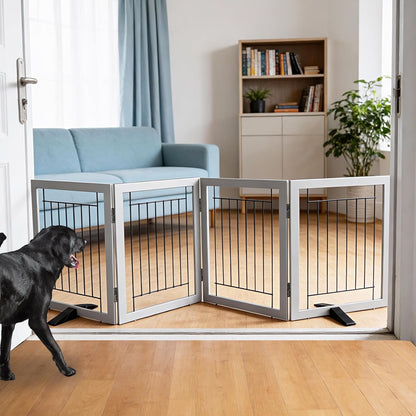 ZJSF Freestanding Dog Gate Indoor, Foldable Dog Fence for Doorways,Hallways or Stairs, Sturdy Wood Extra Wide Pet Gate with Support Feet,Black,24 "Height-3 Panels