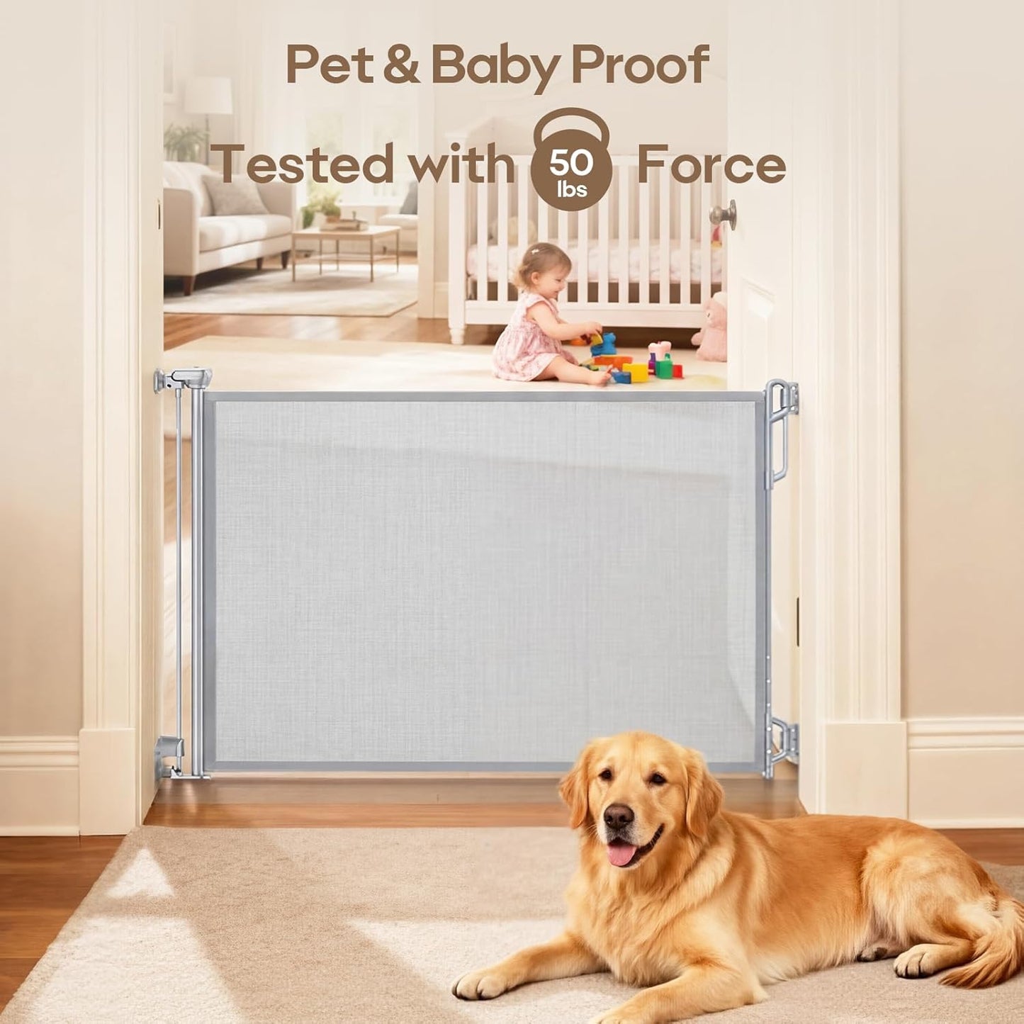 SPACEANY Retractable Safety Baby Gate or Mesh Dog Gate,Durable Portable Mesh Retractable Gate,Easy to Use for Stairs, Doorways, Hallways, Indoor, Outdoor, 33.5" Tall, Up to 45" Wide, Cream