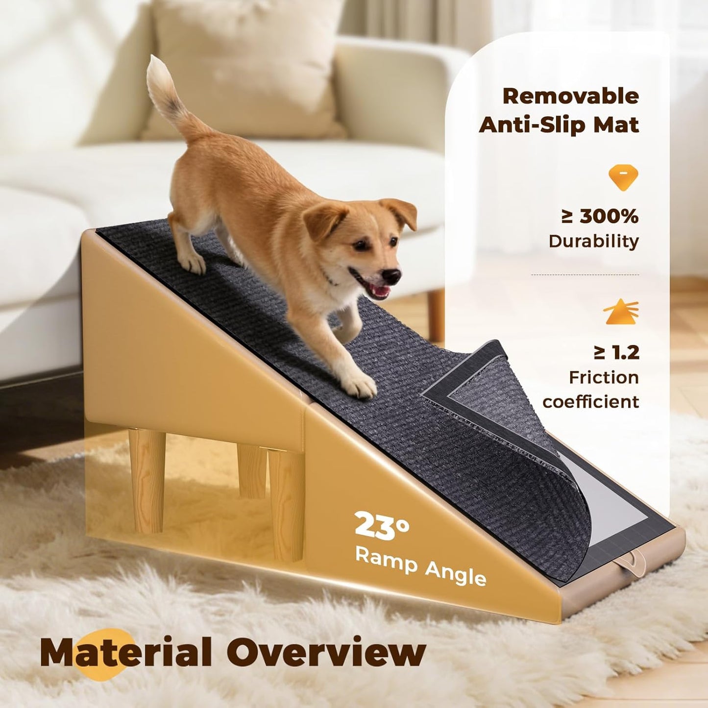Dog Ramps for Small Dogs, Removable Non-Slip Mat, Foldable Wooden Dog Ramp, Split Ottoman Design for Small Frenchie, Pomeranian, Dachshund, Schnauzer, Chihuahua and so on （Light Brown）