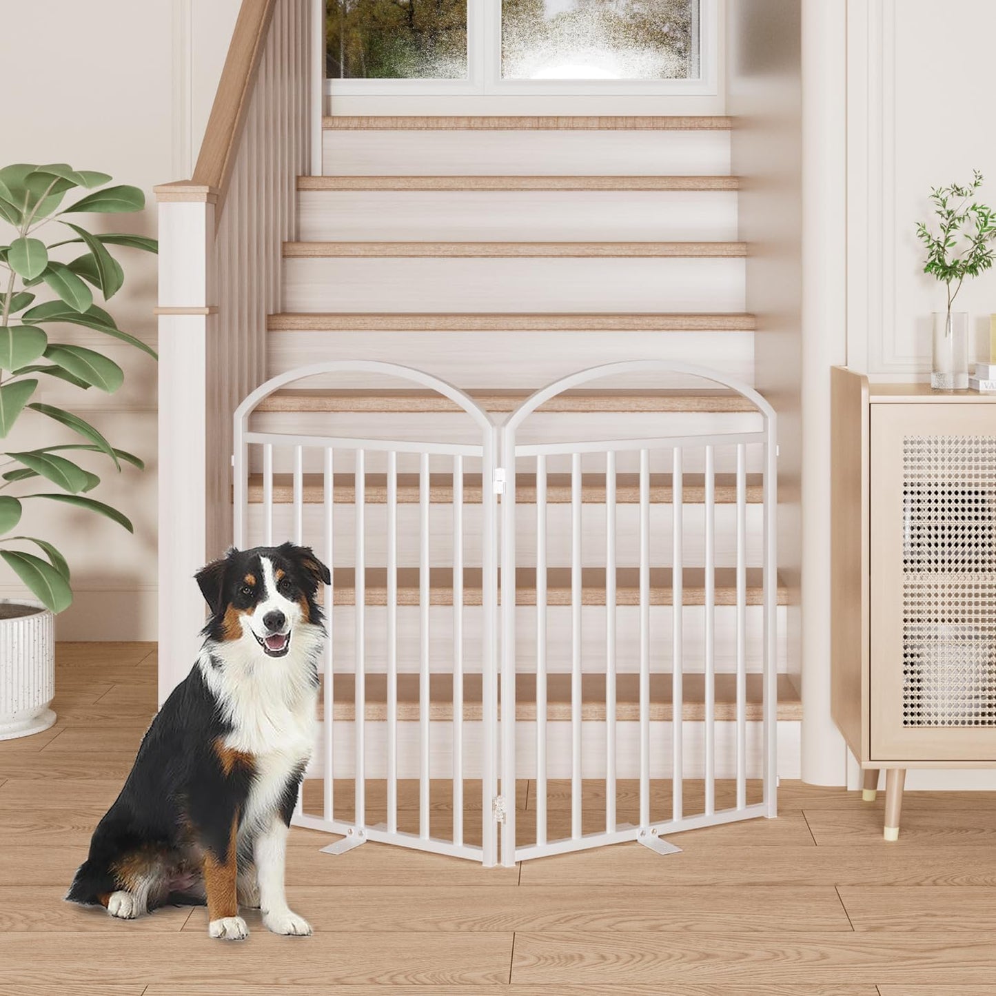 SNUOWU 4 Panels Full Matel Freestanding Dog Gates with Door, 96"Extra Wide 32"Tall Free Standing Dog Pet Gate for Indoor & Outdoor. Foldable Pet Fences for Doorways, House, Stairs, Porch, Deck, Yard