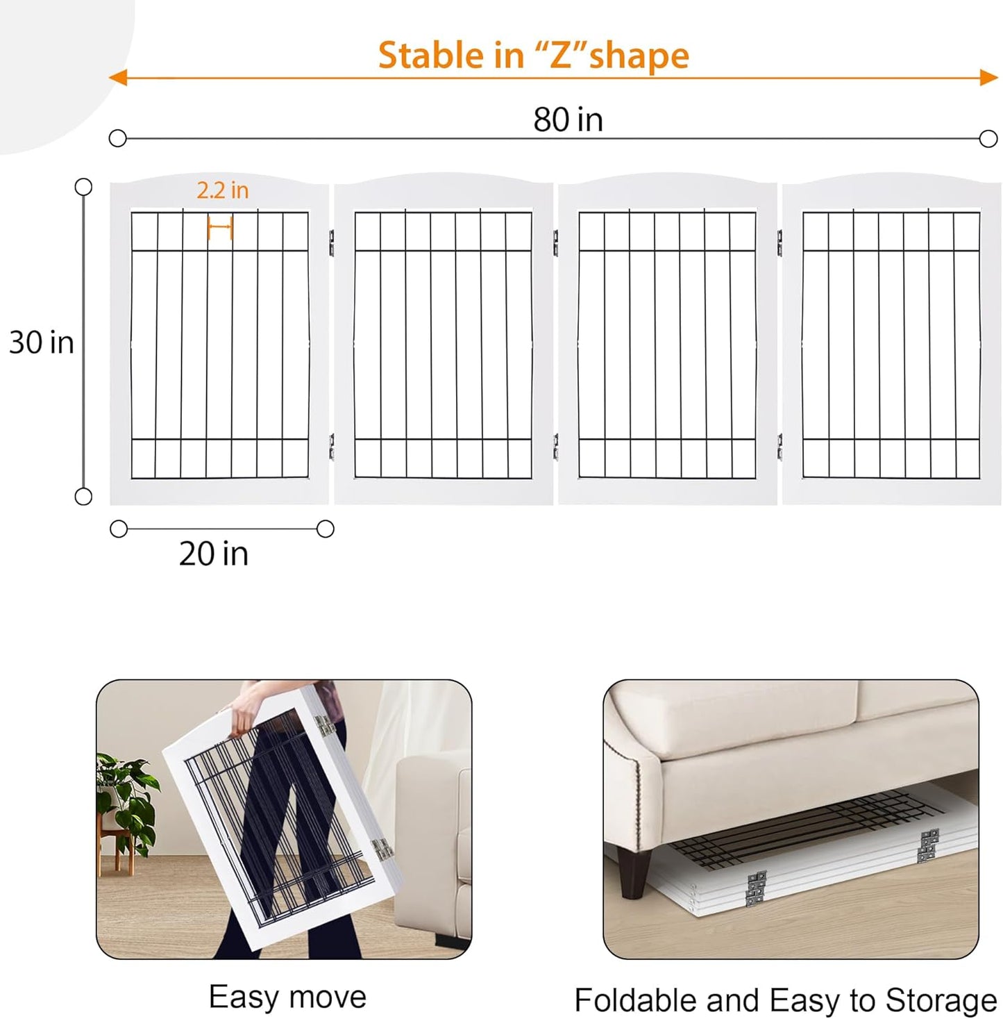 LZRS 2-Panel Freestanding Foldable Wood Dog Gate – Solid Wood & Steel Wire, Chew-Resistant Pet Barrier for Indoor Use, Ideal for Small to Medium Dogs, White