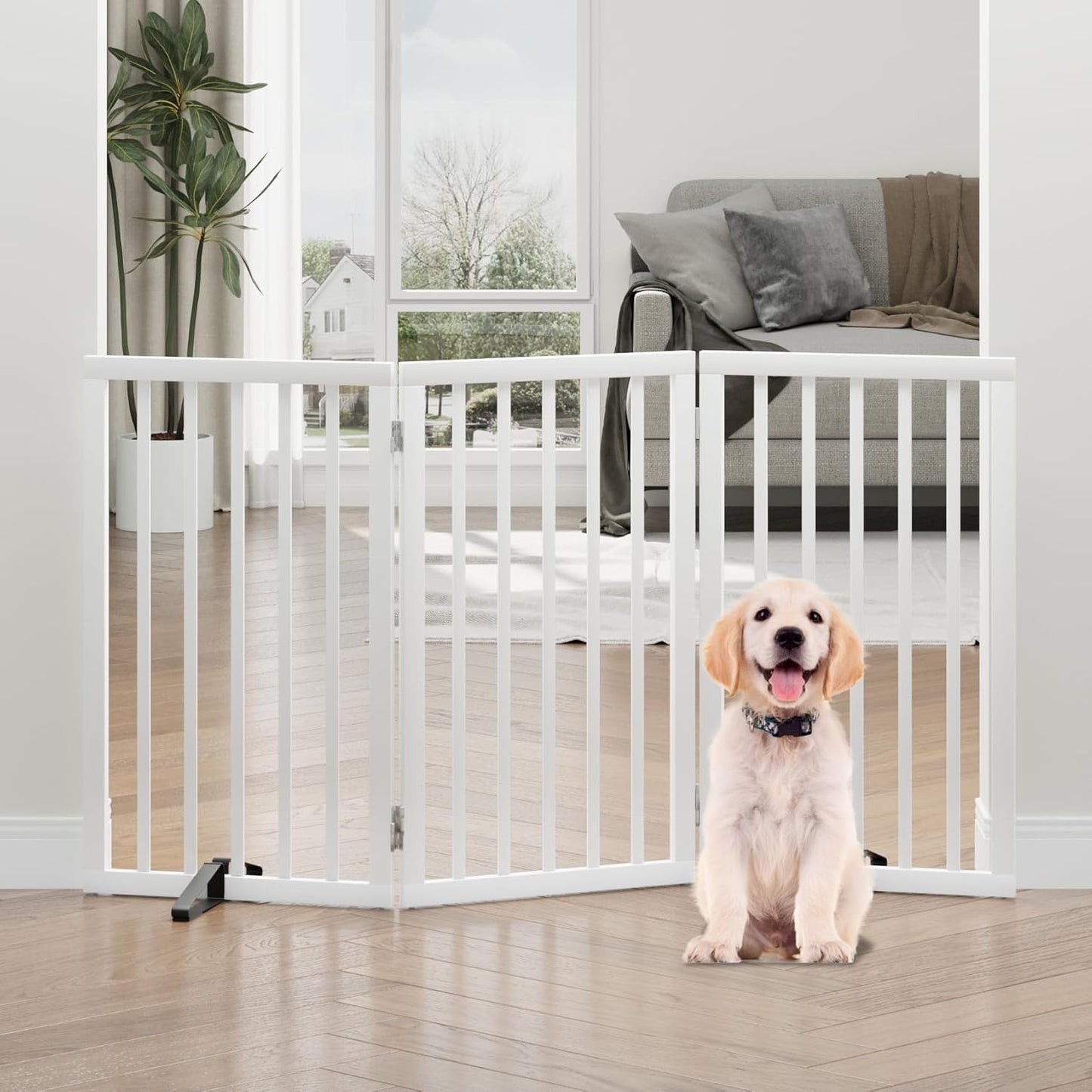 Freestanding Foldable Dog Gate - 4 Panel Room Divider with Metal Support Feet (Black)